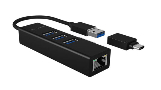 USB Hub, USB-A Plug / USB-C Plug, 3.0, USB Ports 3, USB-A Socket / RJ45 Socket, ICY BOX