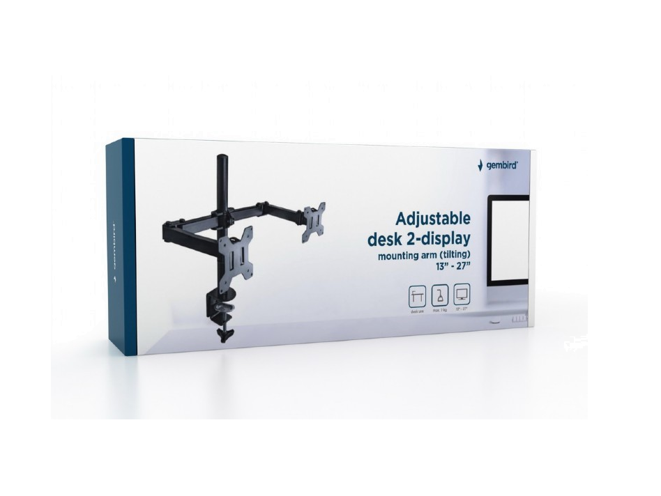 Adjustable desk 2-display mounting arm (tilting), 13”-27”, up to 7 kg