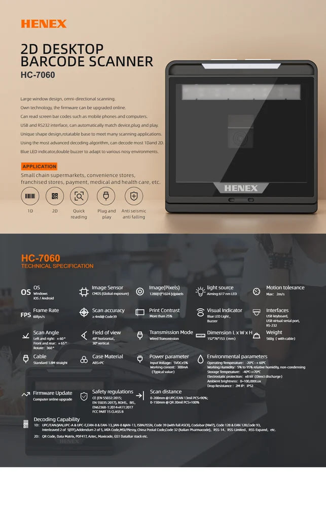Fixed Mount HENEX HC-7060 2D Desktop Barcode Scanner, Wired (Corded), Omnidirectional Laser