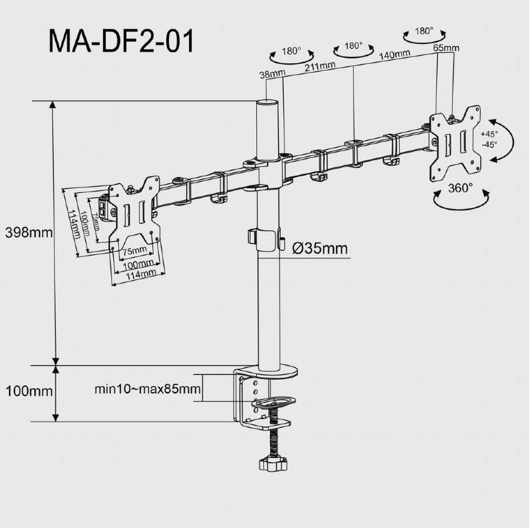 Adjustable desk 2-display mounting arm (tilting), 13”-27”, up to 7 kg